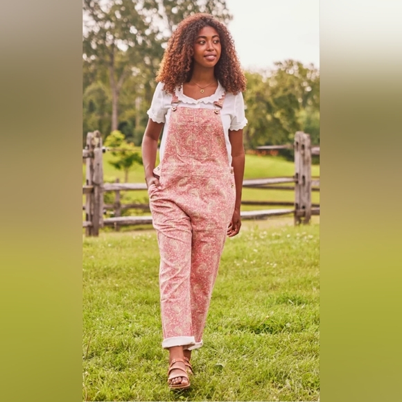 April Cornell Pants - Vintage APRIL CORNELL Bib Overalls PINK FLORAL PAISLEY Cotton Blend Denim Small
